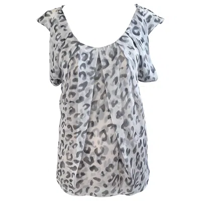 Pre-owned Zac Posen Spring 2009 Size 10 Snow Leopard Animal Print Silk Sleeveless Blouse In White