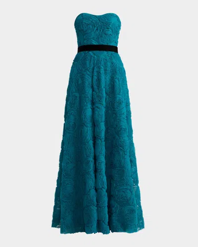 Zac Posen Strapless Rosette Applique Tulle Gown In Capri