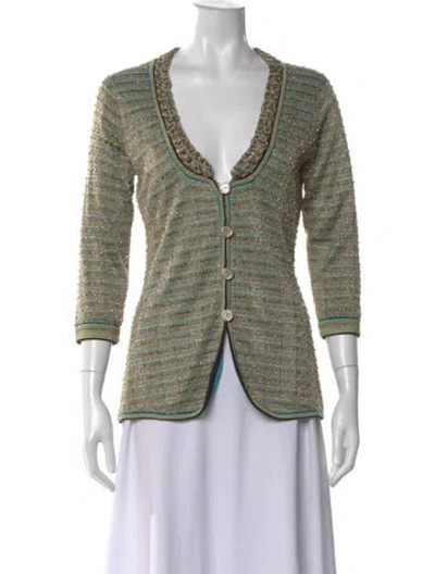 Pre-owned Zac Posen Striped V-neck Button-up Top In Green