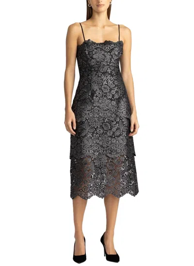 Zac Posen Tiered Floral Lace Midi Dress In Grey In Black