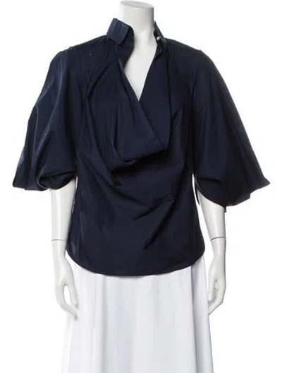 Pre-owned Zac Posen V-neck Three-quarter Sleeve Blouse In Blue