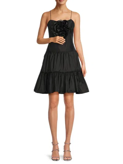 Zac Posen Women's Floral Appliqué Tiered Mini Dress In Black