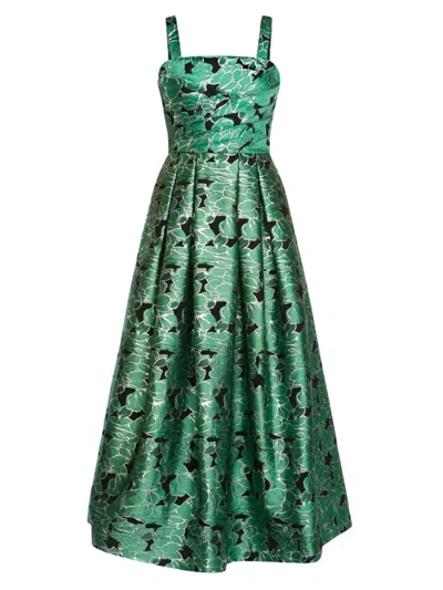 Zac Posen Pleated Metallic Floral Jacquard Midi Dress In Black And Green Print