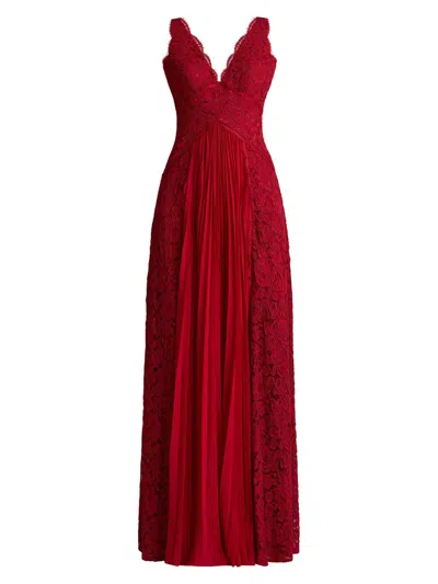 Zac Posen Women's Lace Pleated Overlay A-line Gown In Scarlet