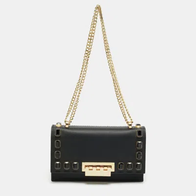 Pre-owned Zac Posen Zac  Earthette Crystal Embellished Black Faux Leather Flap Shoulder Bag