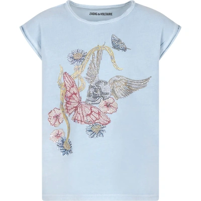 Zadig &amp; Voltaire Kids' Light Blue T-shirt For Girl With Skull And Butterfly