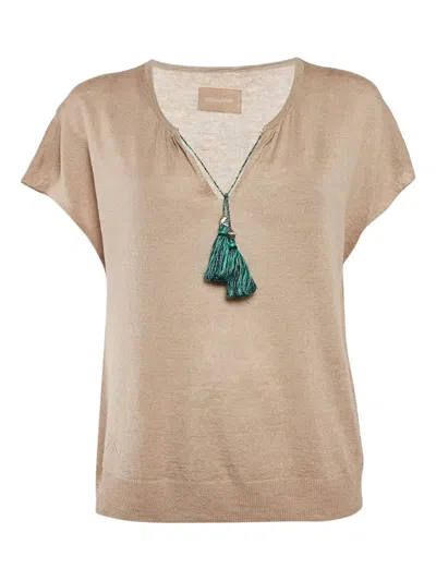 Pre-owned Zadig & Voltaire 2024 Tassel-detail Linen-blend Top In Neutral