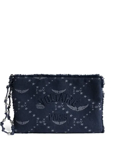 Zadig & Voltaire Angel Monogram Frayed Pouch Bag In Blue
