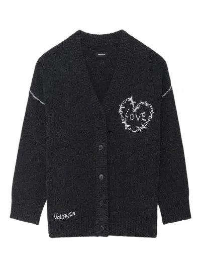 Zadig & Voltaire Arpa Heart-embroidery Cardigan In Gray