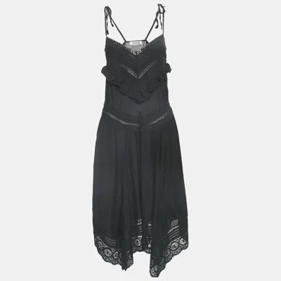 Pre-owned Zadig & Voltaire Black Cotton Lace Trimmed Tie-up Detail Asymmetric Midi Dress Xs
