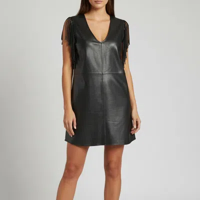Pre-owned Zadig & Voltaire Black Leather Fringed Sleeveless Mini Dress S