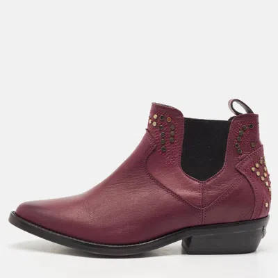 Pre-owned Zadig & Voltaire Burgundy Leather Thylana Studded Ankle Boots Size 36