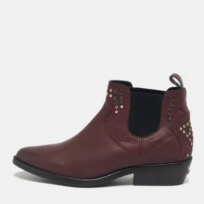 Pre-owned Zadig & Voltaire Burgundy Leather Thylana Studded Ankle Boots Size 36