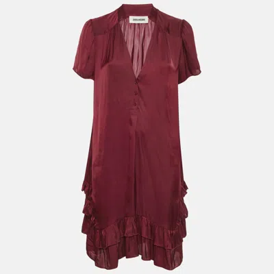 Pre-owned Zadig & Voltaire Burgundy Satin V-neck Ruffled Short Dress M