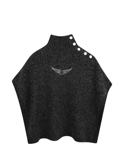 Zadig & Voltaire Kids' Button-shoulder Intarsia-knit Poncho In Gray