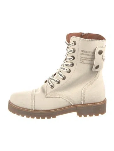 Pre-owned Zadig & Voltaire Canvas Graphic Print Combat Boots In Neutrals
