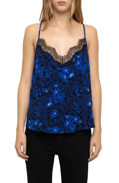 Zadig & Voltaire Cespa Floral Print Lace Trim Camisole In Blue