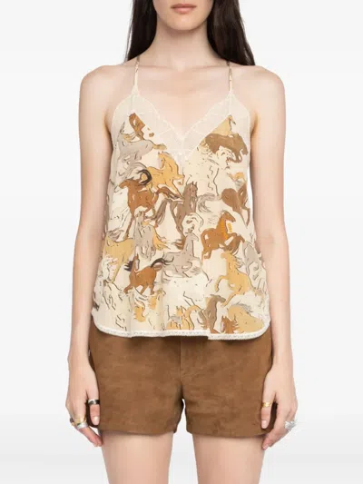 Zadig & Voltaire Christy Horse-print Lace-trimmed Top In Neutral
