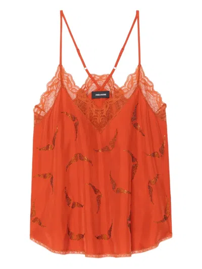 Zadig & Voltaire Christy Lace Strass Top In Orange