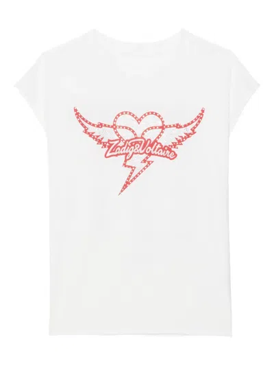 Zadig & Voltaire Cloe Heart Wings Strass Crystal Embellished Cotton Graphic T-shirt In White