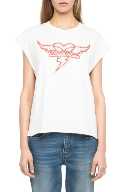 ZADIG & VOLTAIRE ZADIG & VOLTAIRE CLOE HEART WINGS STRASS CRYSTAL EMBELLISHED COTTON GRAPHIC T-SHIRT