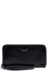 Zadig & Voltaire Compagnon Glossy Snake Texture Zip Wallet In Black