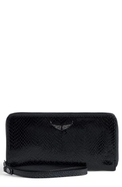 Zadig & Voltaire Compagnon Glossy Snake Texture Zip Wallet In Black