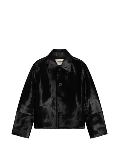 Zadig & Voltaire Cropped Buttoned Jacket In Pony-effect Leather In Black