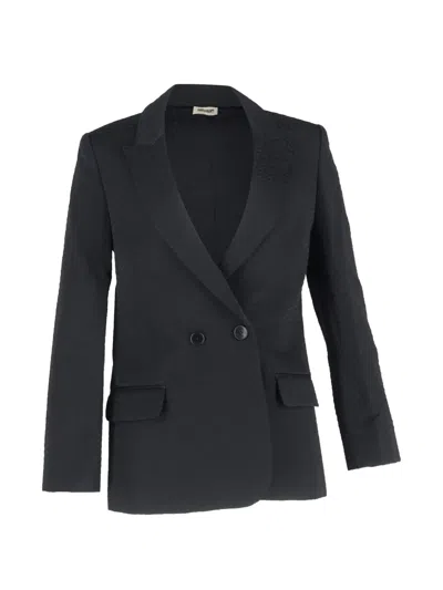 Pre-owned Zadig & Voltaire Double-breasted Textured Blazer In Black