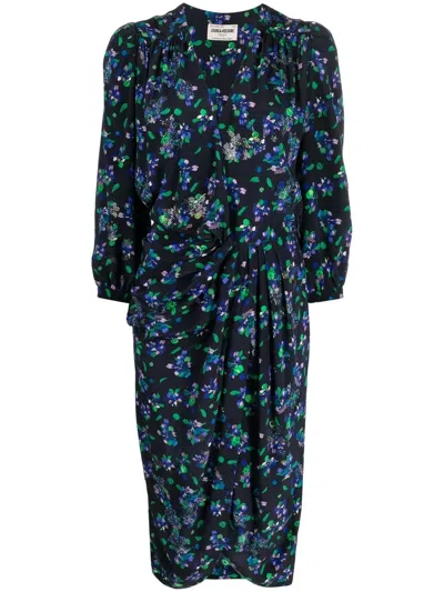 Zadig & Voltaire Renew Beaded Floral Long Sleeve Silk Crêpe De Chine Dress In Schwarz