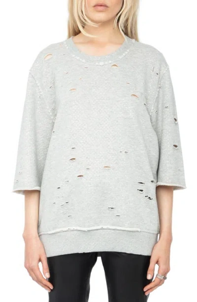 Zadig & Voltaire Edmond Rhinestone Destroyed Sweatshirt In Gray