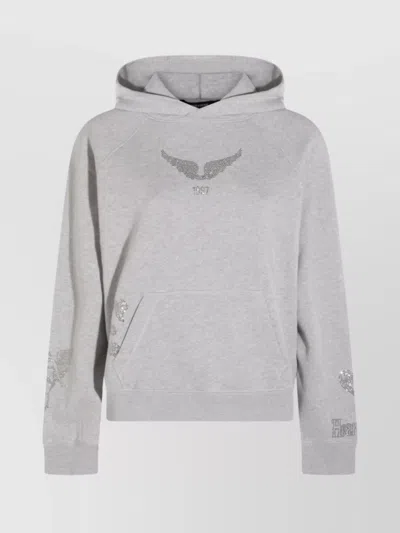 Zadig & Voltaire Embellished Hooded Knitwear With Front Pocket Detail In Gray
