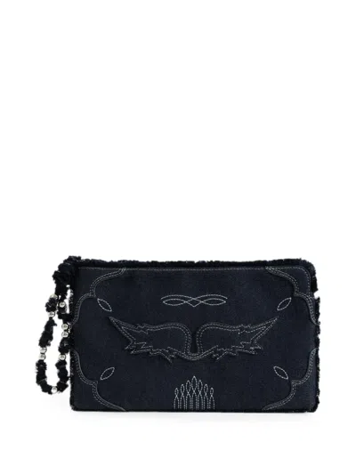 Zadig & Voltaire Embroidered Frayed Travel Pouch In Blue