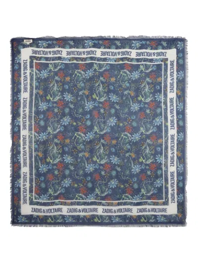 Zadig & Voltaire Kids' Floral-print Fringed Scarf In Blue