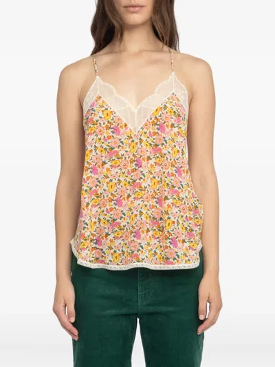 Zadig & Voltaire Floral-print Lace-trim Top In Multi