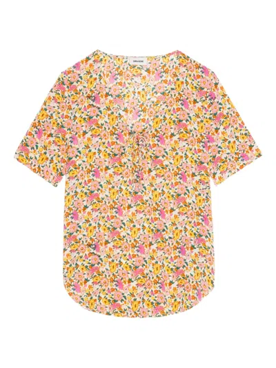Zadig & Voltaire Floral-print Short-sleeve Top In Multi