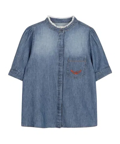 Zadig & Voltaire Kids' Frayed-trim Embroidered Shirt In Blue