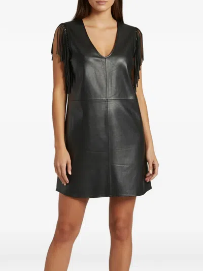 Pre-owned Zadig & Voltaire Fringed Leather Mini Dress In Black