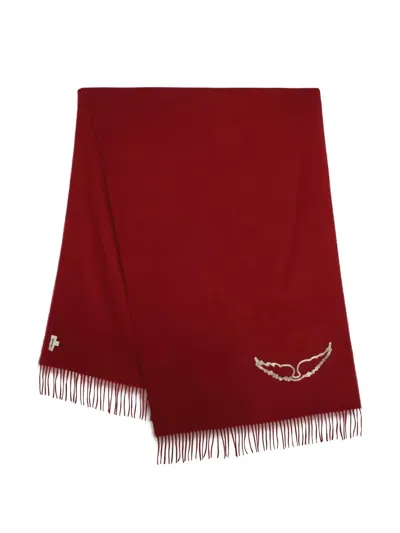 Zadig & Voltaire Kids' Fringe-trimmed Wings-print Scarf In Burgundy