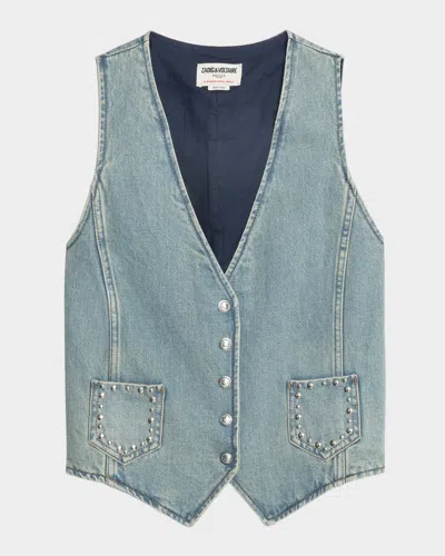 Zadig & Voltaire Gillier Studded Denim Vest In Blue