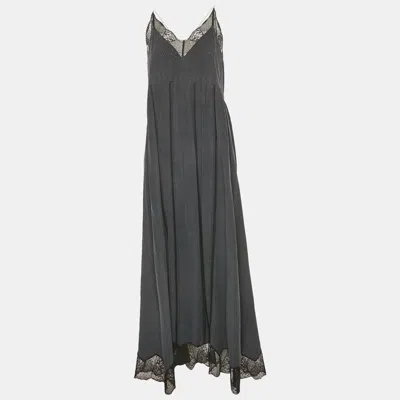 Pre-owned Zadig & Voltaire Grey Lace Trim Silk Maxi Ralla Dress L In Gray