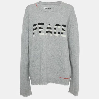 Pre-owned Zadig & Voltaire Grey Peace Intarsia Cashmere Raw Edge Sweater Xl In Gray