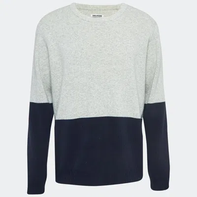 Pre-owned Zadig & Voltaire Grey/navy Blue Wool Round Neck Rod Jumper L In Gray