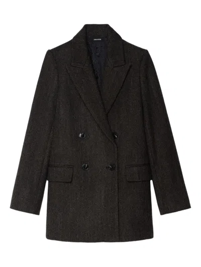 Zadig & Voltaire Herringbone Double-breasted Coat In Brown