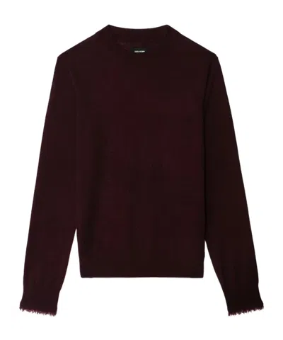 Zadig & Voltaire Ivy Frayed-cuffs Crew-neck Sweater In Burgundy