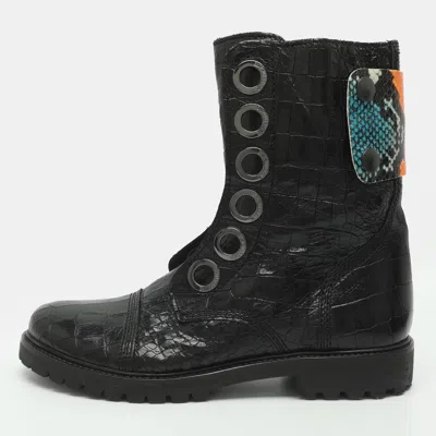 Pre-owned Zadig & Voltaire Joe Size 39 Black Croc Embossed And Snakeskin Embossed Leather Mid Calf Boots