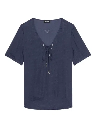 Zadig & Voltaire Lace-up V-neck T-shirt In Blue