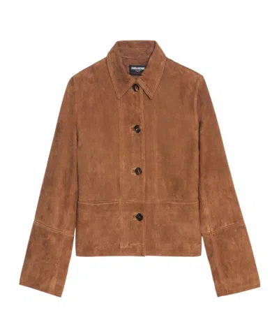 Zadig & Voltaire Lapel Long Sleeve Leather Jacket In Brown