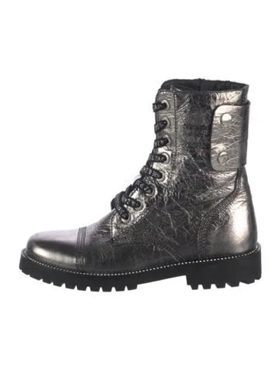 Pre-owned Zadig & Voltaire Leather Crystal Embellishments Combat Boots In Metallic/silver