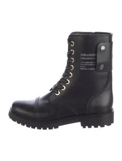 Pre-owned Zadig & Voltaire Leather Graphic Print Combat Boots In Black